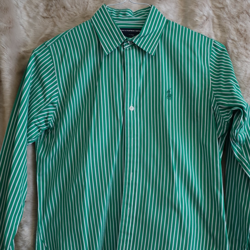 Kelly green striped Ralph Lauren button up shirt